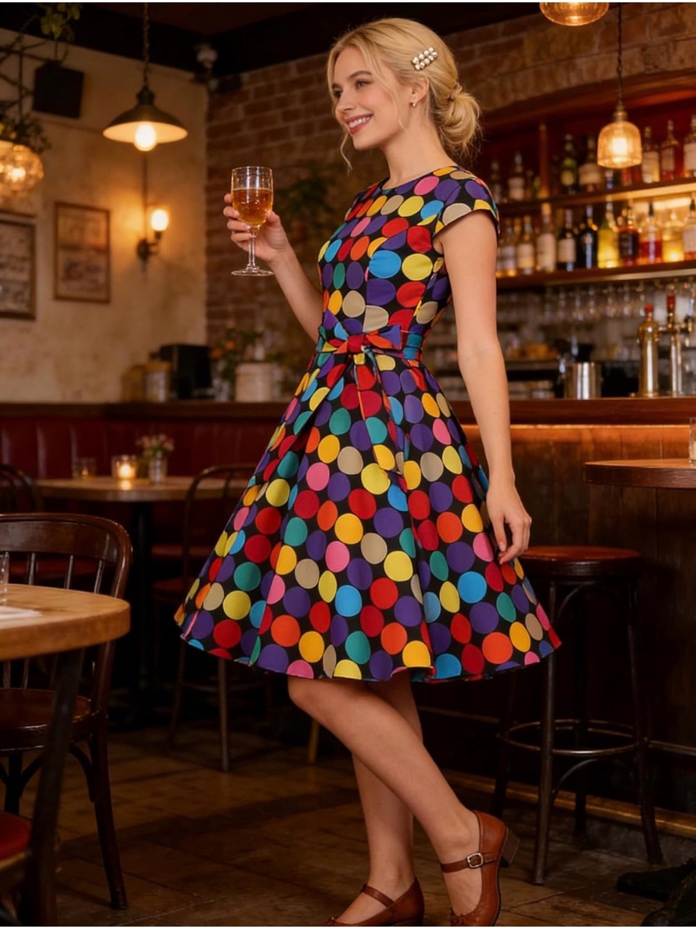 Vintage-Inspired Multicolor Polka Dot Midi Dress with Waist Tie